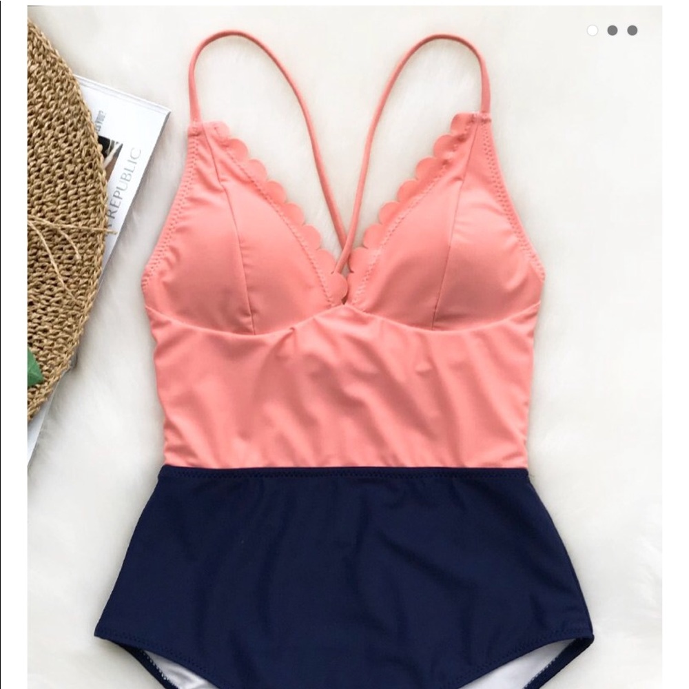 Cupshe pink & navy scallop-edge tie-back swimsuit